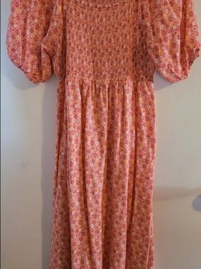 Como Vintage Pink Ditsy Floral Smocked Midi Dress Short Puff Sleeves Sz Large